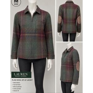 VTG Lauren Ralph Lauren Womens Lambswool Plaid Jacket Leather Elbow Patch Medium